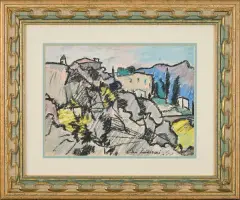 Jan Świderski, Górzysty pejzaż z domami, pastel, gwasz, papier