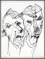 Dwie głowy by Autor nierozpoznany, 1992, tusz, pędzel, papier, sold Jan 2014