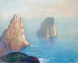 U BRZEGÓW CAPRI. SKAŁY FARAGLIONI by Soter Jaxa-Małachowski, 1925, tempera, gwasz, ołówek, papier na tekturze, sold Dec 2013