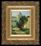 Stanisław Janowski, ARCHITEKTURA W ZIELENI, olej, tektura