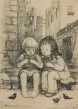 Stefania Brandt, Dzieci i ptaki, 1954, litografia, papier kremowy