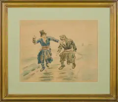Stanisław Masłowski, Powrót Krakowiaków z karczmy, akwarela, papier