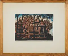 Ludwik Tyrowicz, Cerkiew łemkowska, lata 20. XX w., drzeworyt barwny, papier kremowy