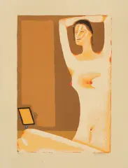 Jerzy Nowosielski, Akt pomarańczowy z lusterkiem, 1997, serigrafia barwna, papier jasnooliwkowy