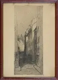 Jan Rubczak, Uliczka z widokiem na kopułę, 1dekada XX w., akwaforta, papier kremowy