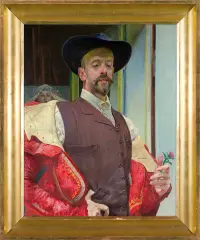 Jacek Malczewski, AUTOPORTRET Z KWIATEM OSTU, 1911, olej, tektura (nabita na krosno)
