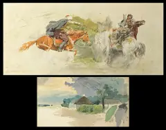 Franz Roubaud, JEŹDŹCY, akwarela, papier
