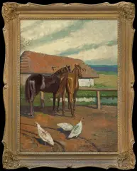 KONIE PRZED CHATĄ by Antoni Piotrowski, 1917, olej, sklejka, offered Oct 2013