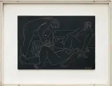 Henryk Stażewski, TRZY KOBIETY NA CZARNYM TLE, 1956, tusz, rylec, płyta