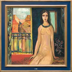 Roman Sielski, MODELKA NA BALKONIE, 1974, olej, płótno