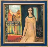 Roman Sielski, MODELKA NA BALKONIE, 1974, olej, płótno