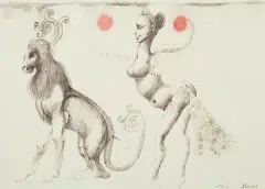 Jan Lebensztejn, Dwie postaci fantastyczne, 1962, długopis, akwarela, papier kremowy z perforacją