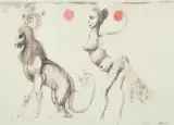 Jan Lebensztejn, Dwie postaci fantastyczne, 1962, długopis, akwarela, papier kremowy z perforacją