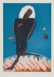 Jacek Sroka, Madame Kufirsky rzuca bombę, 1986, akwaforta, akwatinta barwna, papier