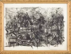 Andrzej Kurkowski, Sztetl, 1960, sucha igła, papier