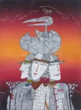 Dmitrij Markelov, Trzech z jajkiem na głowie, 1995, akwarela, tusz, pióro, papier