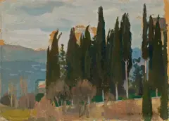 Jan Stanisławski, CYPRYSY, ok. 1900, olej, tektura