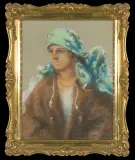 Józef Ujhelyi, DZIEWCZYNA W BŁĘKITNEJ CHUŚCIE, pastel, papier