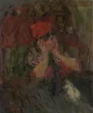 Eugeniusz Eibisch, DZIEWCZYNA W CZERWONEJ CZAPECZCE, 1961, olej, płótno