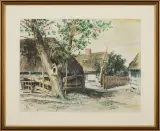 Józef Rapacki, Widok zagrody, ok. 1921, litografia kolorowana pastelem, papier