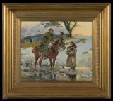 UŁAN I DZIEWCZYNA. PYTANIE O DROGĘ by Wojciech Kossak, 1928, olej, płótno naklejone na tekturę, sold Mar 2013