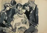 Andrzej Wróblewski, SCENA ZBIOROWA Z TERESĄ I KITKIEM, 1954, tusz lawowany, papier
