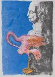 Kompozycja z flamingiem by Jan Lebensztejn, litografia barwna, papier, sold Dec 2012