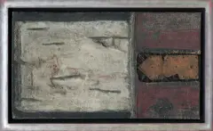 Danuta Urbanowicz, KOMPOZYCJA Z KOTEM I MYSZAMI, 1963, technika mieszana, sklejka