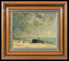 Mieczysław Serwin-Oracki, ŁÓDŹ NA BRZEGU MORZA, olej, papier