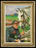 UŁAN OPATRUJĄCY KONIA by Wojciech Kossak, 1936, olej, tektura, sold Dec 2012