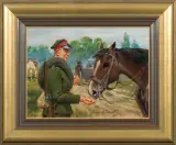 Jerzy Kossak, UŁAN KARMIĄCY KONIA, 1936, olej, sklejka