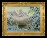 Franz Hienl-Merre, ZIMA NAD ALPEJSKIM JEZIOREM, olej, płótno