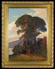 Rudolf Hellgrewe, SOSNY NAD JEZIOREM, olej, płótno