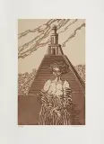 Kobieta na tle wieży by Jan Lebensztejn, 1985, litografia barwna, papier, sold Nov 2012