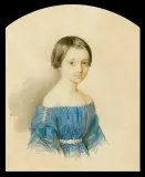 PORTRET W NIEBIESKIEJ SUKIENCE by Mikołaj Michajłowicz Aleksiejew, ok. 1840, akwarela, gwasz, ołówek, papier nakl. na tekturę, sold Oct 2012
