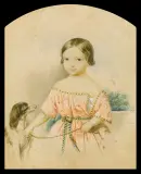 PORTRET DZIEWCZYNKI Z PSEM by Mikołaj Michajłowicz Aleksiejew, ok. 1840, akwarela, gwasz, ołówek, papier nakl. na tekturę, sold Oct 2012