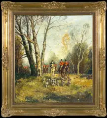 Karl Mohr, POLOWANIE Z OGARAMI, olej, płótno