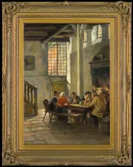 Gottfried A.M. Bachem, TOWARZYSTWO PRZY STOLE, olej, płótno