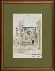 Jerzy Duda-Gracz, Widok na pomnik Kordeckiego, 1956, tusz pióro, akwarela, papier