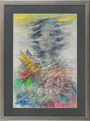 Grzegorz Lewacki, Głowa dziewczyny z ptakiem, 2010, technika mieszana, papier nakl.na płytę pilśniową