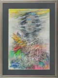 Grzegorz Lewacki, Głowa dziewczyny z ptakiem, 2010, technika mieszana, papier nakl.na płytę pilśniową