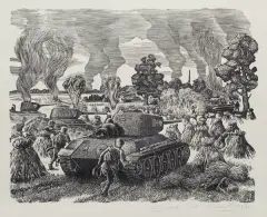 Eugeniusz Pichell, Bitwa we wsi Studzianki, 1963, drzeworyt, papier kremowy