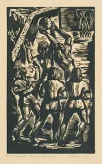 Jan Stańda, Koszykówka, drzeworyt, papier kremowy