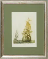 Ludwik Ignacy Mitulski, Dwa galeony, 1999, akwaforta barwna, miękki werniks barwny, papier