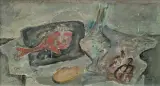 Piero Cividalli, MARTWA NATURA Z CZERWONĄ RYBĄ, 1987, olej, tektura