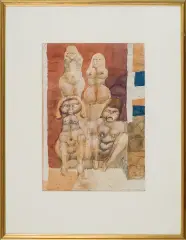 Jan Lebensztejn, Sur les marches rouges, 1965, tusz pióro, akwarela, gwasz, papier