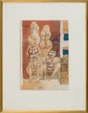 Jan Lebensztejn, Sur les marches rouges, 1965, tusz pióro, akwarela, gwasz, papier