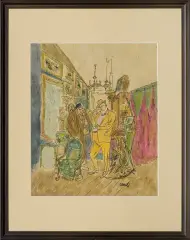 Jerzy Zaruba, W antykwariacie, tusz pióro, akwarela, papier