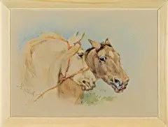 GŁOWY DWÓCH KONI - SIWKA I KASZTANA by Juliusz Kossak, akwarela, papier, sold Mar 2012
