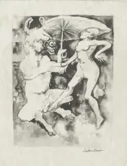 Jan Lebensztejn, Kobieta i bestia pod parasolami, akwarela, papier